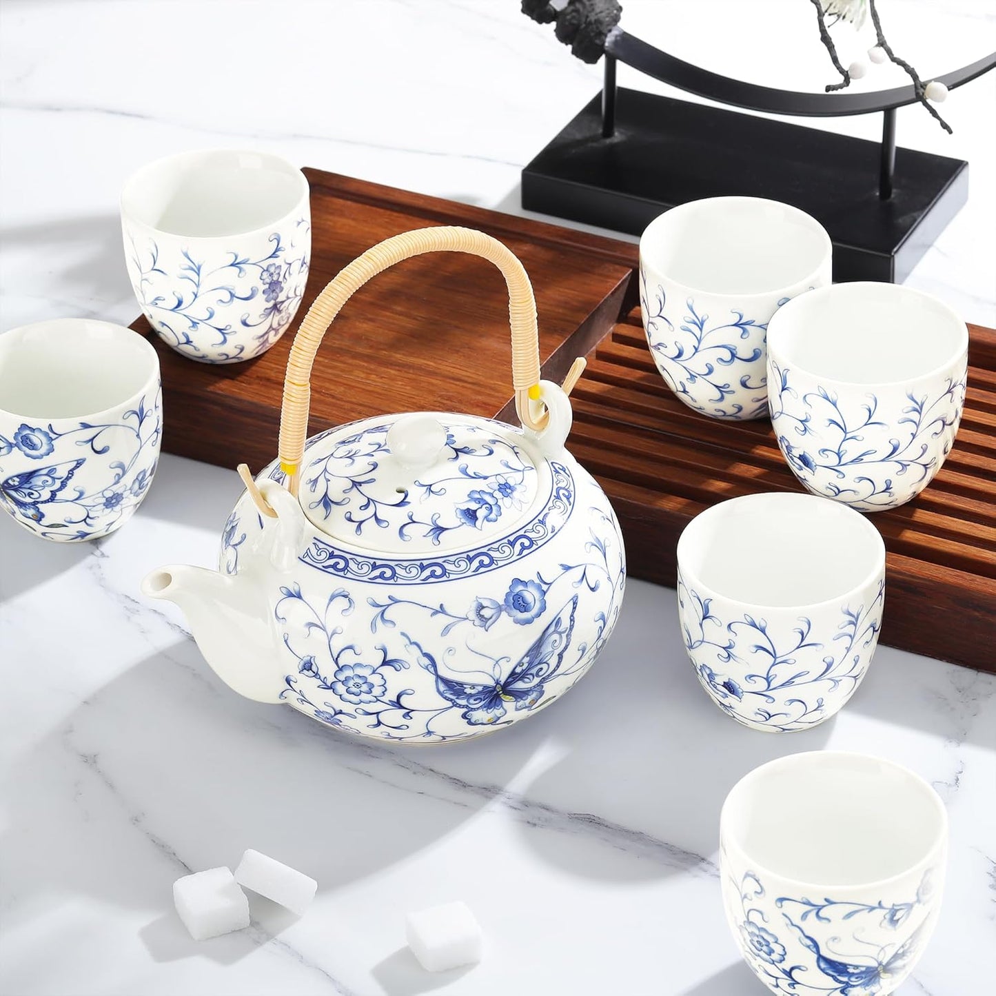 fanquare Chinese Blue and White Porcelain Tea Set with 1 Teapot Set, 6 Tea Cups, Butterfly Pattern Asian Japanese Tea Sets for Adults