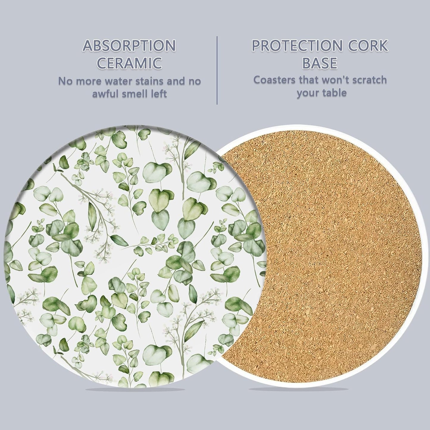 Table Coaster for Drinks Set of 6, Eucalyptus Leaf Flower Watercolor Round Ceramic Coasters,with Cork Base and Metal Holder,Great Housewarming Birthday Gifts,Home Decor