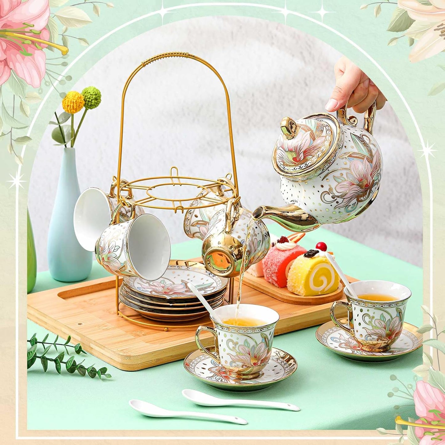 Zhehao 20 Pcs Porcelain Tea Set with Metal Holder and Spoon Adult Ceramic Tea Party Set European Flower Painting Teapot Cup Saucer Spoon Set for Women, Large Version(Traditional Style)