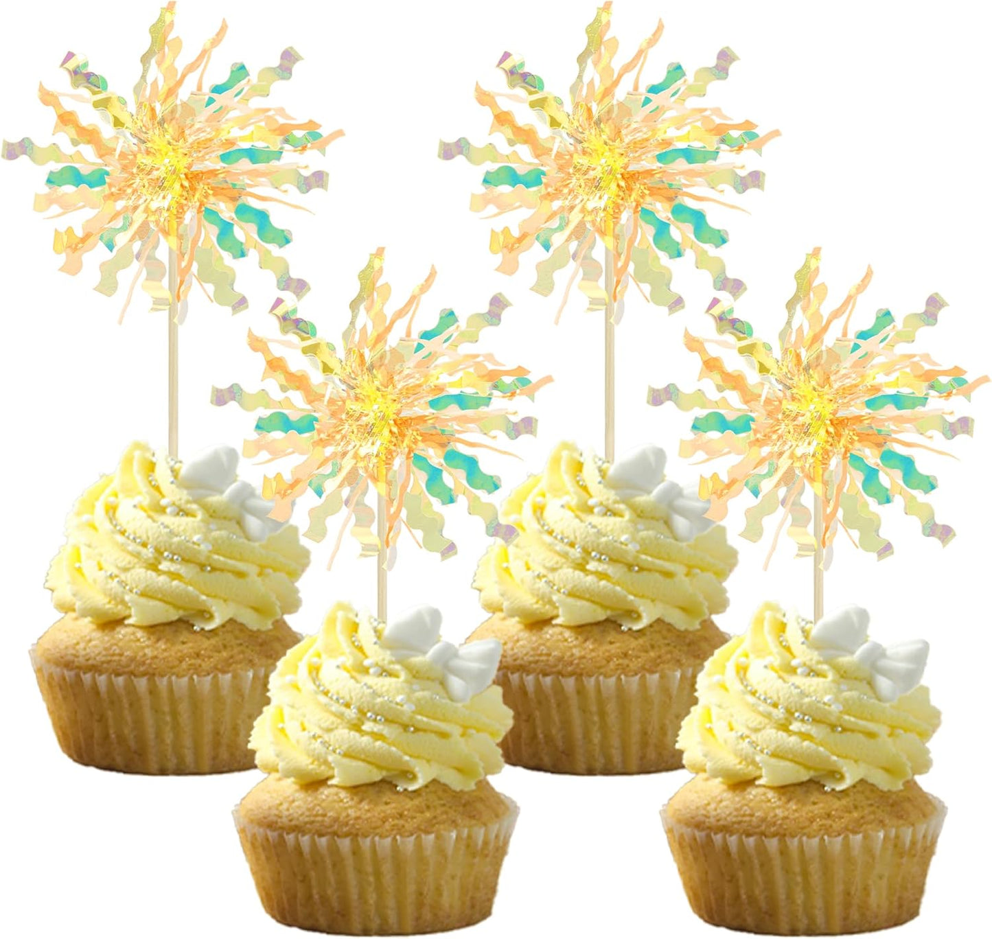 Gyufise 20Pcs Foil Firework Cupcake Toppers Happy Birthday Cake Toppers Tinsel Flower Drink Stirrers Cocktail Food Fruit Toothpicks for Valentine's Day Party Birthday Wedding Supplies Yellow