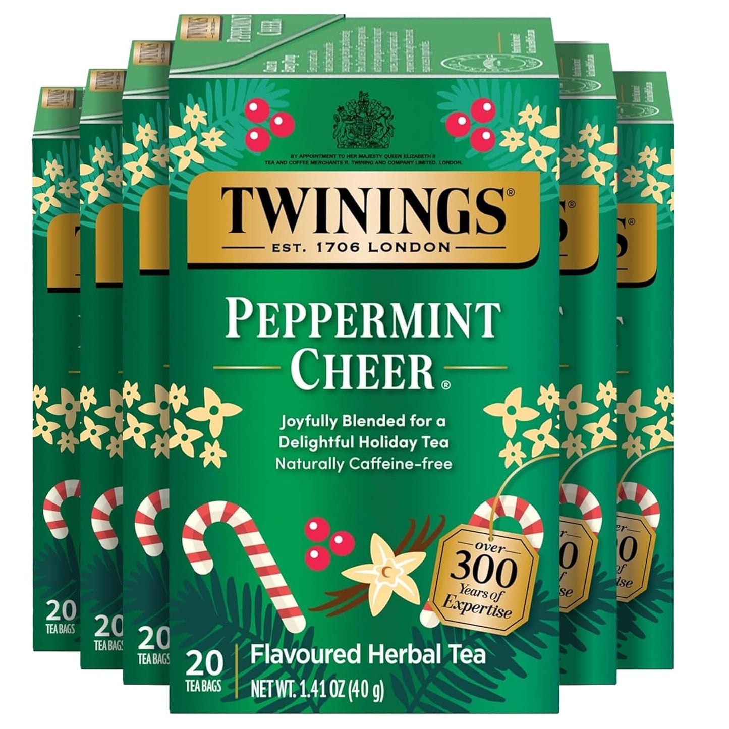 Twinings Peppermint Cheer Herbal Tea Individually Wrapped Bags, 20 Count (Pack of 6), Peppermint & Creamy Vanilla, Naturally Caffeine-Free, Enjoy Hot or Iced, 120 Teabags