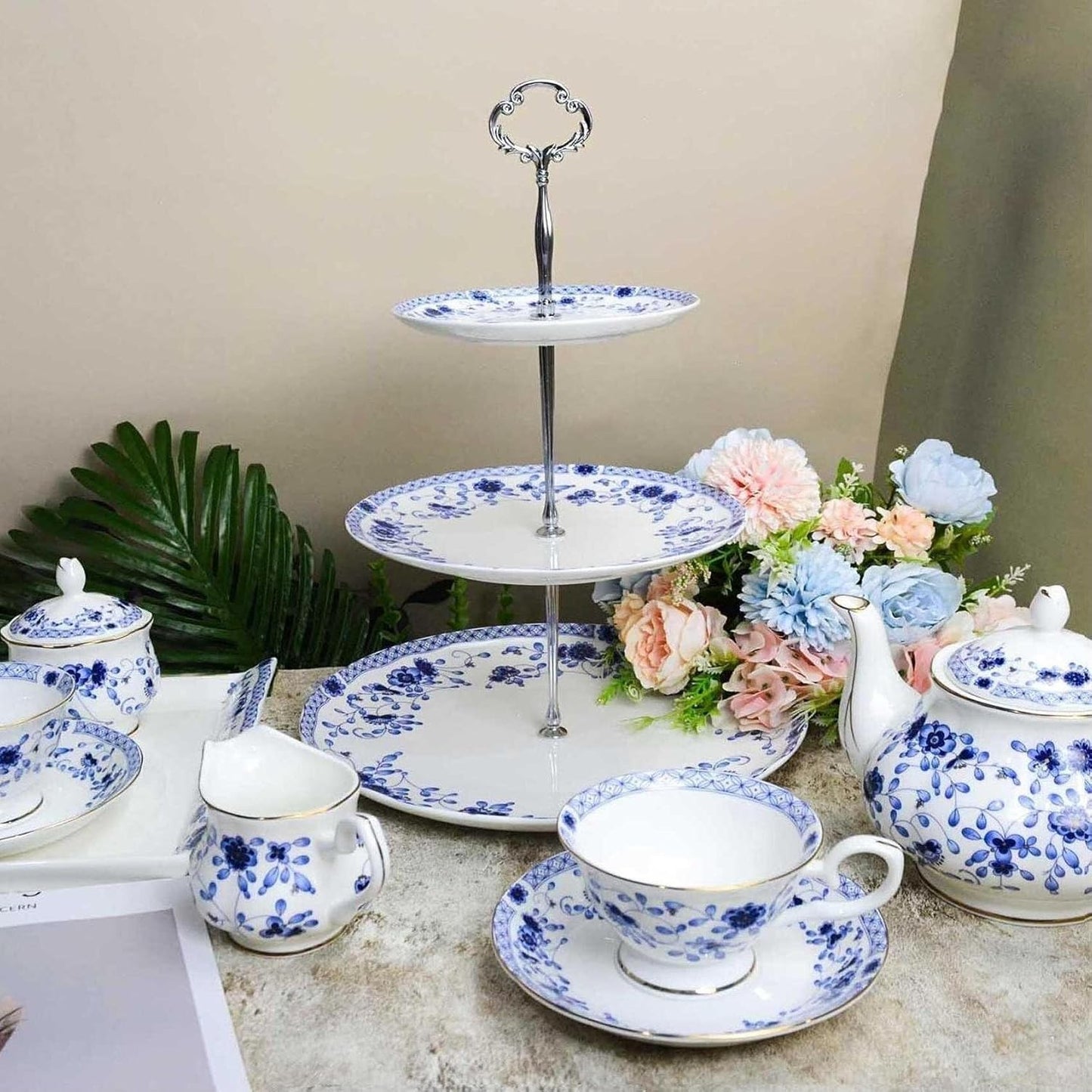 Bone China Tea Set for Adults, 13-Piece Porcelain Tea Sets,Blue and White Bone China Tea Cup Set for 4，Vintage Tea Sets for Women Tea Party or Christmas Gifts