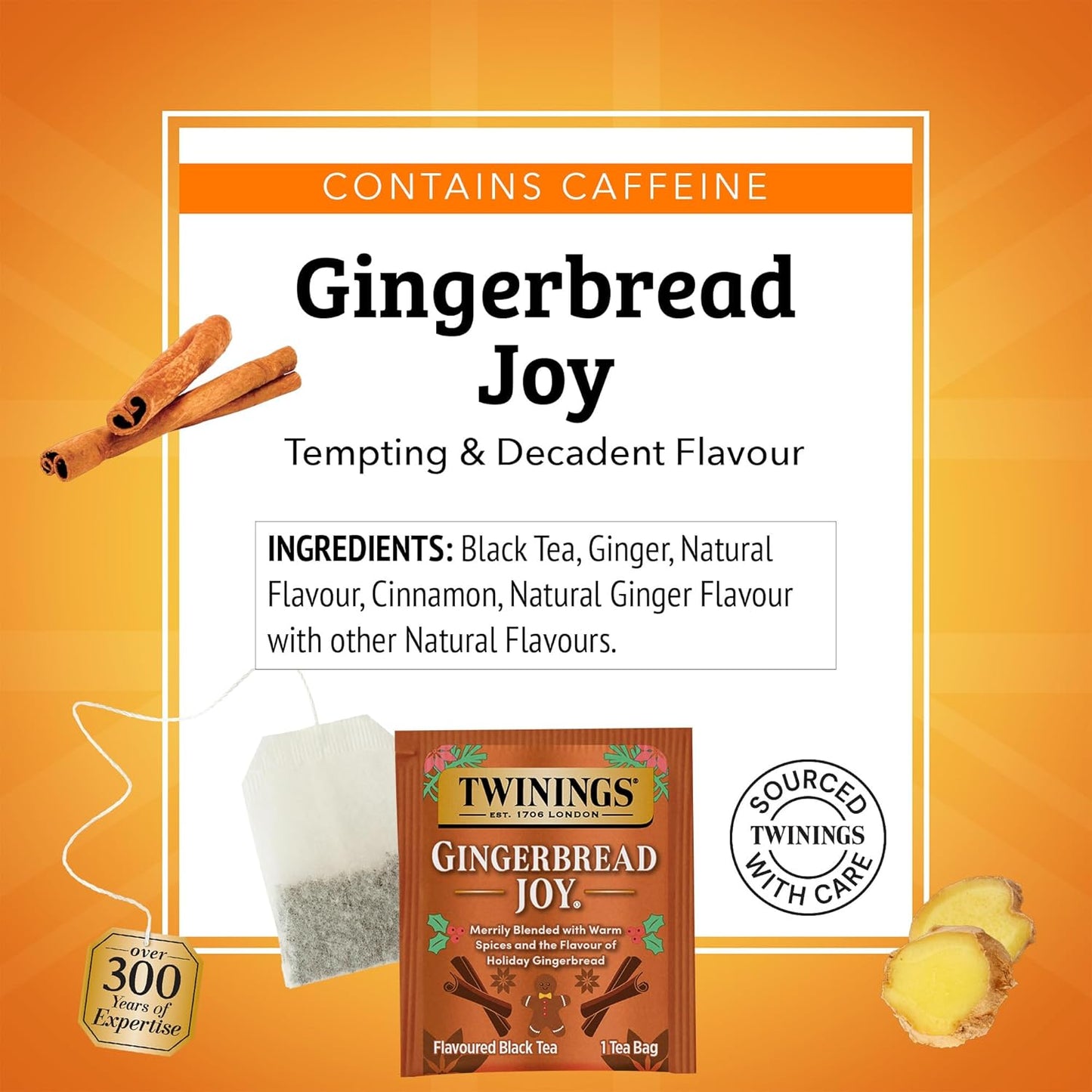 Twinings Gingerbread Joy Black Tea Individually Wrapped Bags, 20 Count (Pack of 1), Ginger & Cinnamon, Caffeinated, Enjoy Hot or Iced, 20 Teabags