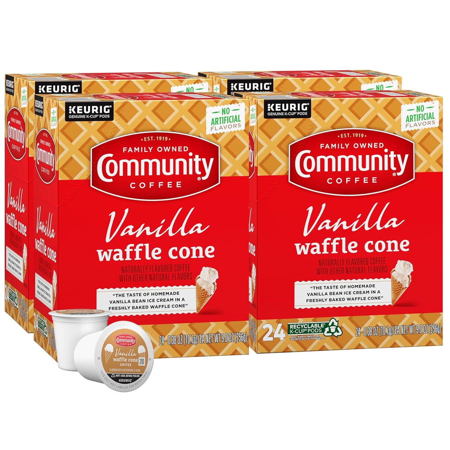 Community Coffee Vanilla Waffle Cone 96 Count Coffee Pods, Ice Cream Flavored, Compatible with Keurig 2.0 K-Cup Brewers, 24 Count (Pack of 4)