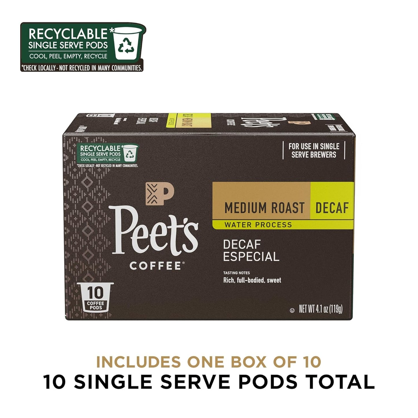 Peet's Coffee, Medium Roast Decaf Single Serve Coffee Pods - Decaf Especial 10 Count (1 Box of 10 Pods)