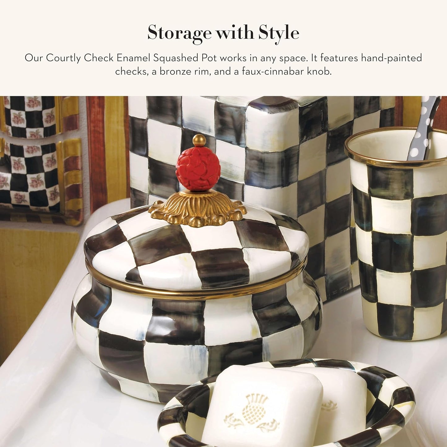 MACKENZIE-CHILDS Enamel Squashed Pot, Cute Enameled Container with Lid, 20 Ounces, Black-and-White Courtly Check