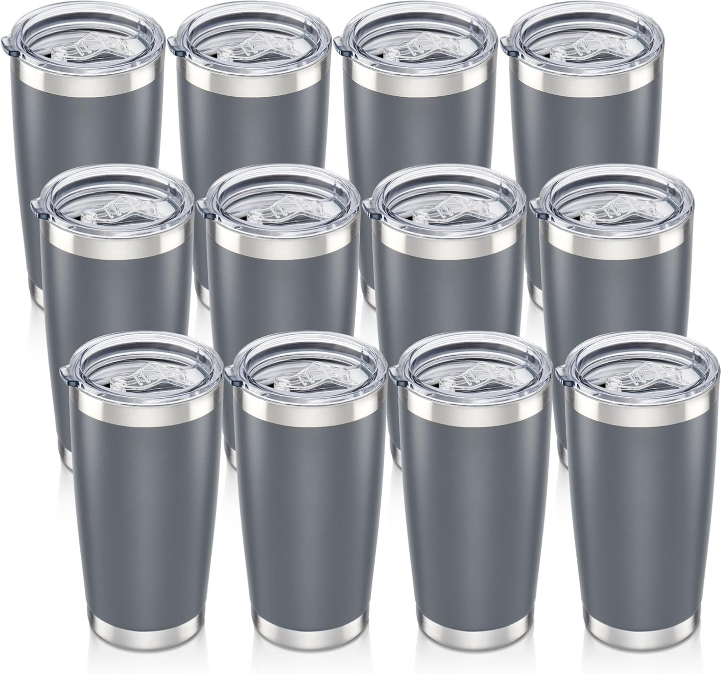 20 oz Tumbler with Lid Stainless Steel Insulated Tumblers Bulk Double Wall Vacuum Cups Powder Coated Travel Mug Keep Drinks Cold and Hot, Grey, 12 Pack