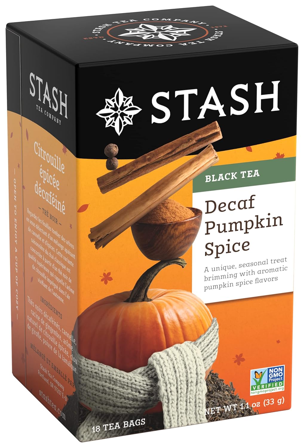 Stash Tea Decaf Pumpkin Spice Black Tea - Decaf, Non-GMO Project Verified Premium Tea with No Artificial Ingredients, 18 Count (Pack of 6) - 108 Bags Total