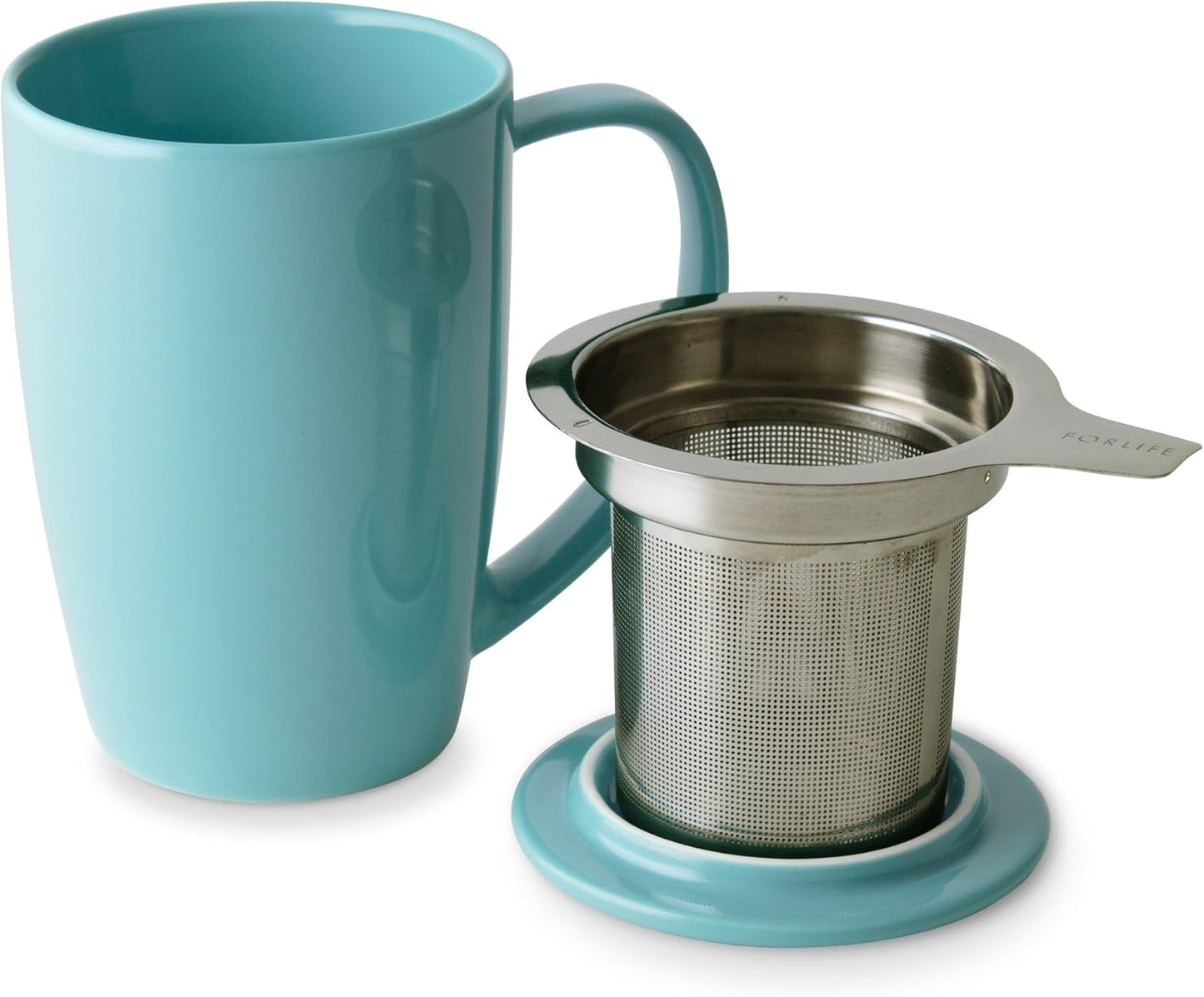 FORLIFE Curve Tall Tea Mug with Infuser and Lid 15 ounces, Turquoise