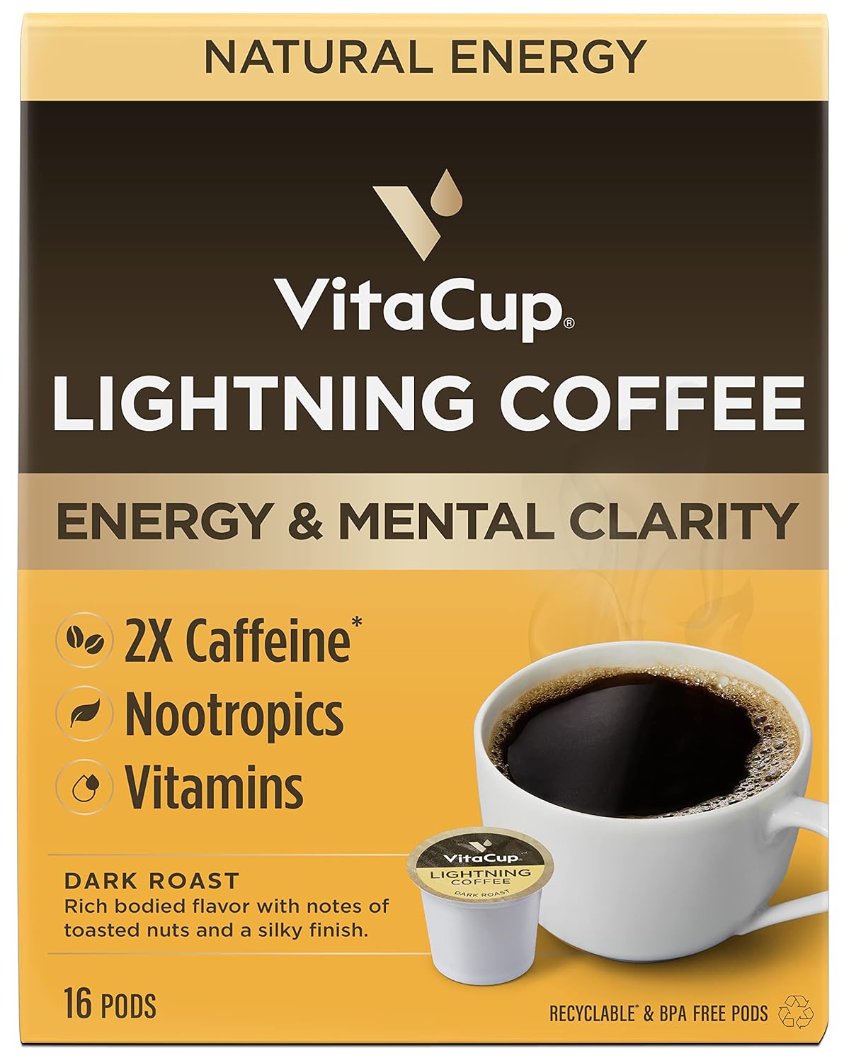 VitaCup Lightning Coffee Pods, for Memory & Focus w/ 2X Caffeine, Green Coffee Bean, B Vitamins, D3, Strong Dark Roast, Recyclable Single Serve Pod Compatible with Keurig K-Cup Brewers, 16 Ct