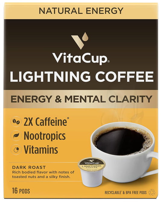 VitaCup Lightning Coffee Pods, for Memory & Focus w/ 2X Caffeine, Green Coffee Bean, B Vitamins, D3, Strong Dark Roast, Recyclable Single Serve Pod Compatible with Keurig K-Cup Brewers, 16 Ct