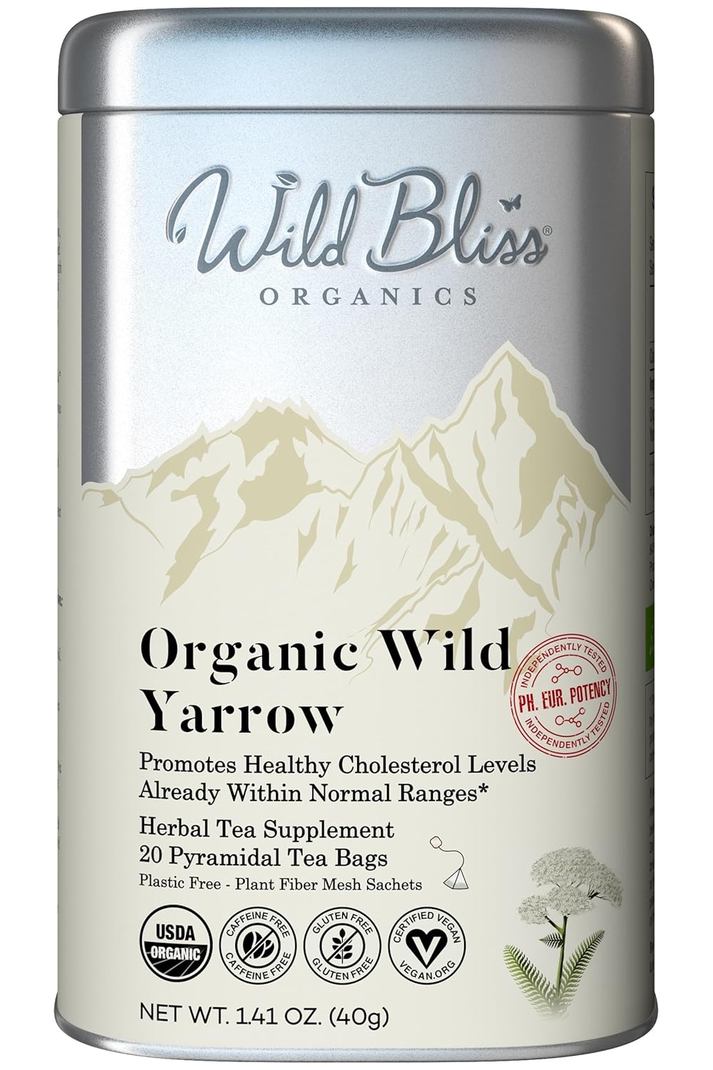 Wild Bliss Organic Yarrow Tea - Caffeine Free Herbal Tisane - Pharmacopoeia Potency - 20 Plant Based Tea Bags
