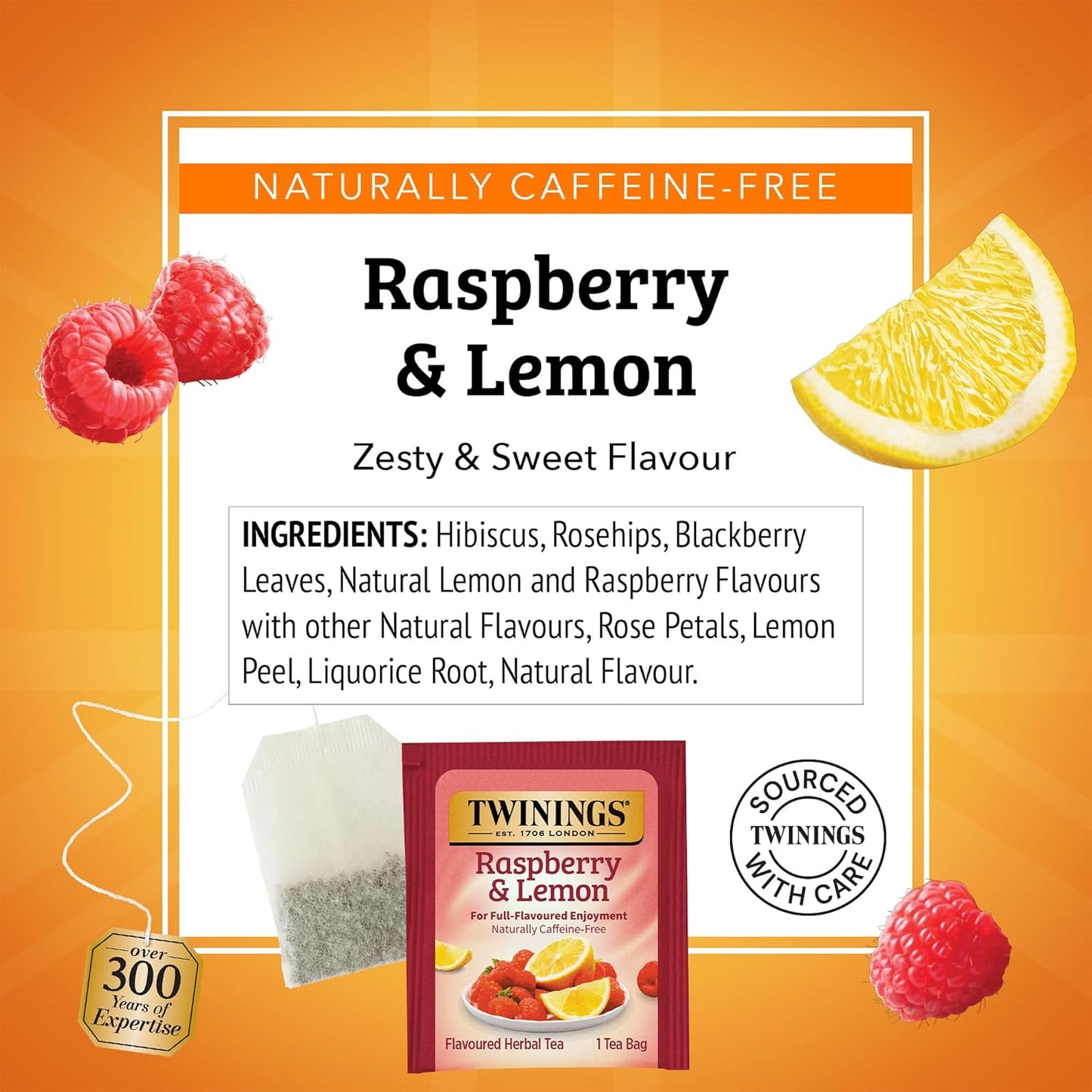 Twinings Raspberry & Lemon Herbal Tea Individually Wrapped Bags, 20 Count (Pack of 6), Fruity & Zesty, Naturally Caffeine-Free, Enjoy Hot or Iced, 120 Teabags