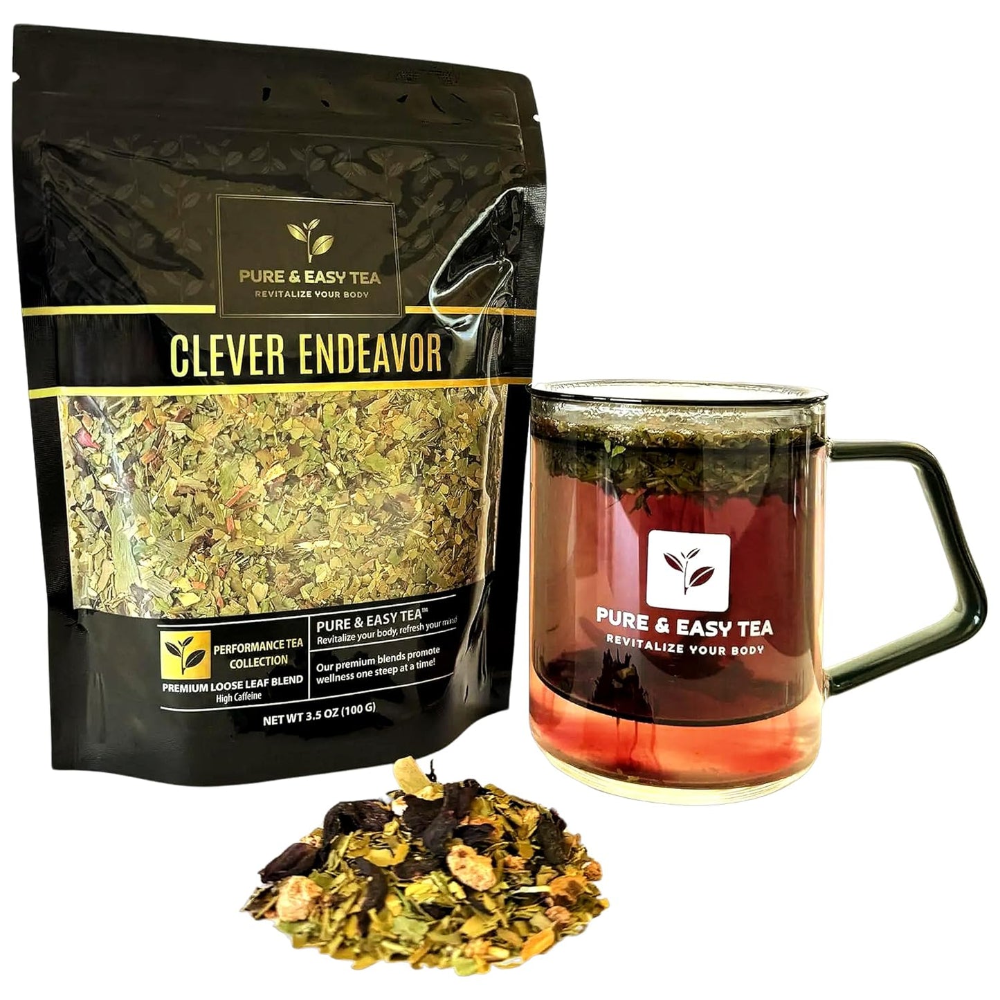 Pure And Easy Tea, Clever Endeavor, Natural Focus & Mental Clarity Tea, Caffeinated Loose Leaf Blend with Ginkgo Biloba & Yerba Mate, 30-Day Supply, 100g