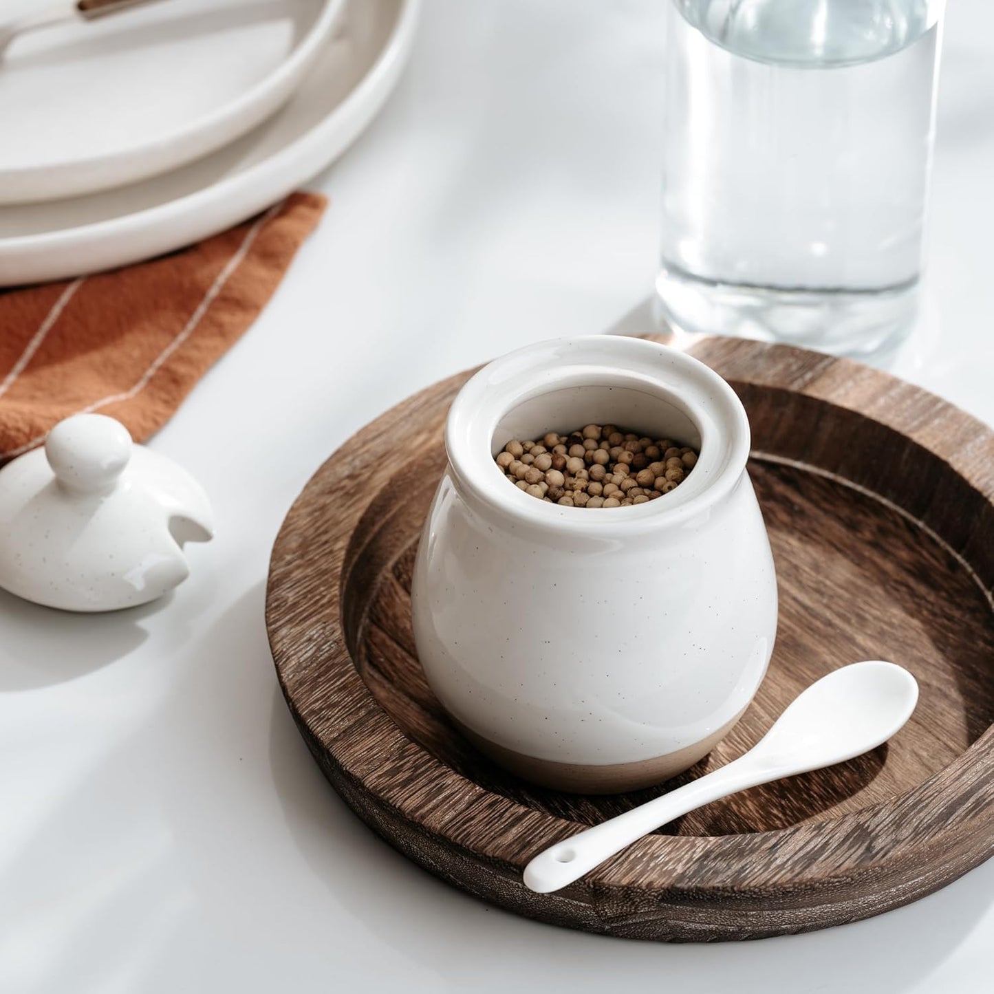 famiware Milkyway Sugar Bowl with Lid and Spoon, 10oz Ceramic Sugar Jar/Pot/Dispenser for Salt, Condiments, Spice, Seasonings, Sugar Container for Coffee Bar, Home, Kitchen, and Countertop, White