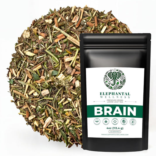 Elephantal Wellness Premium Brain Herbal Tea | Nootropic Focus & Mental Clarity Support with Ginkgo, Bacopa, Ashwagandha & Gotu Kola | Handmade, Caffeine-Free, Non-GMO Loose Leaf Blend, 4oz Loose Leaf, 40 Servings