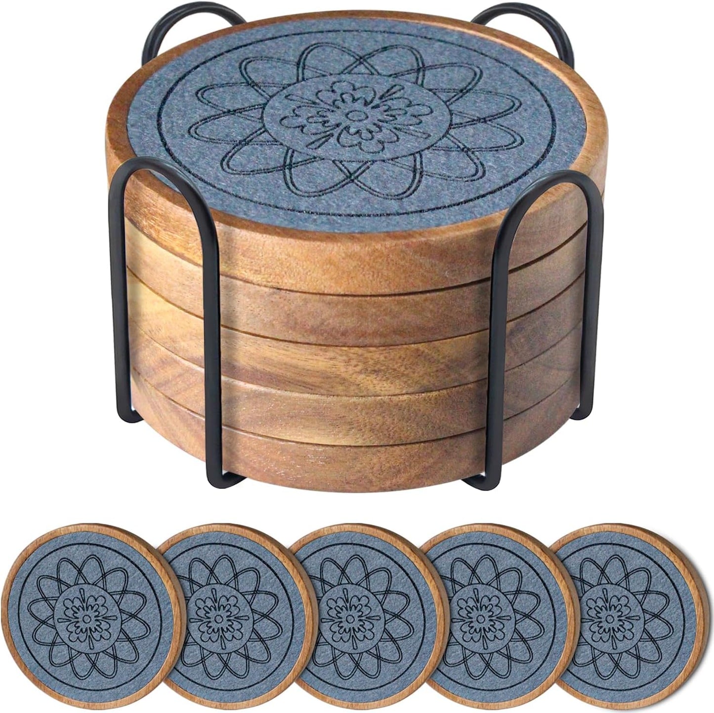 5 Pack Absorbent Coasters for Coffee Table with Holder, Wood Coasters with Felt Pads, Non-Slip, Non-Stick, Suit for Kinds of Cups 4.3 inch (Gray)