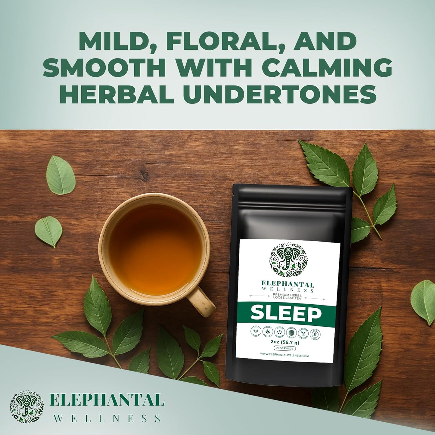 Elephantal Wellness Premium Sleep Herbal Tea | Deep Rest & Relaxation Support with Valerian Root, Passionflower, Chamomile, Lemon Balm Tea & Skullcap | Handmade, Caffeine-Free, Non-GMO Loose Leaf Blend, 2oz, 20 Servings