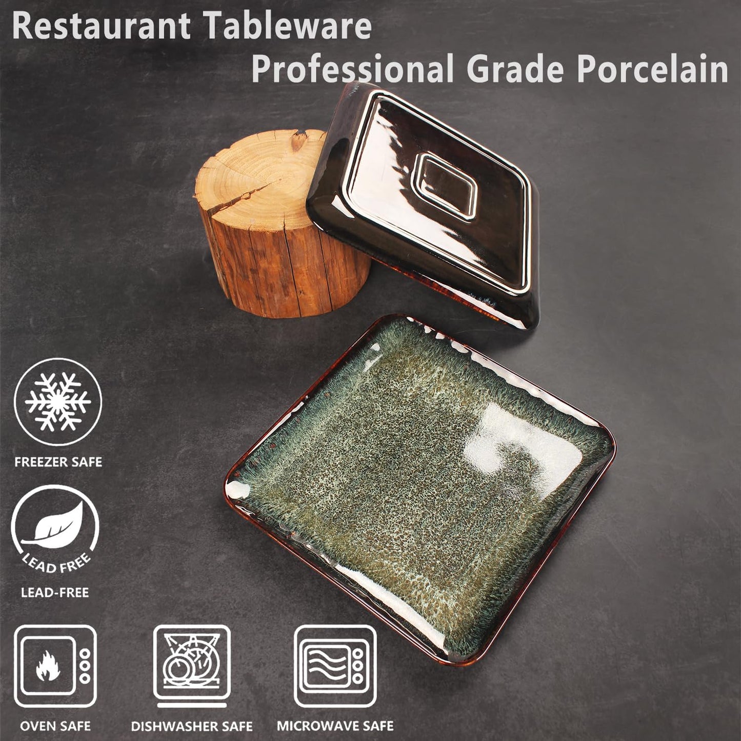 Ceramic Dinner Plates Dish Set, Set of 4, Microwave Oven and Dishwasher Safe, Scratch Resistant, Dinnerware Kitchen Porcelain Serving Dishes 9 inch Square plate