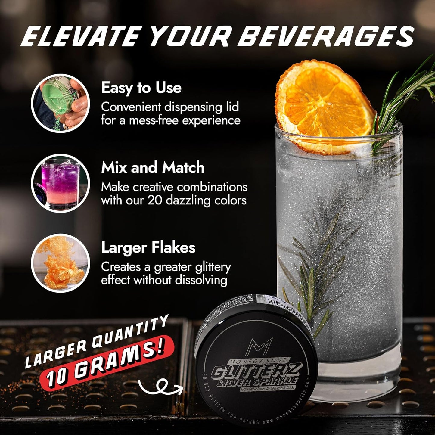 MONÉGASQUE Silver Edible Glitter for Drinks 10g – Silver Edible Glitter for Cakes – Halloween Cupcakes & Cake Decorating Sprinkles – Drink Shimmer Powder for Cocktails – Spray Cakes Decorations