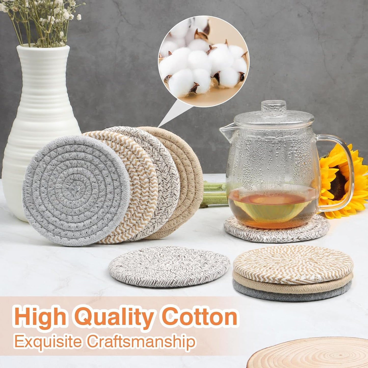 4.8" Cotton Drink Coasters Set of 2– Absorbent Fabric Mug Pads for Coffee, Tea & Drinks, Minimalist Desk & Nightstand Cup Mats, Durable Neutral Drink Coasters for Home, Office or Gift Use (Cloud Grey)