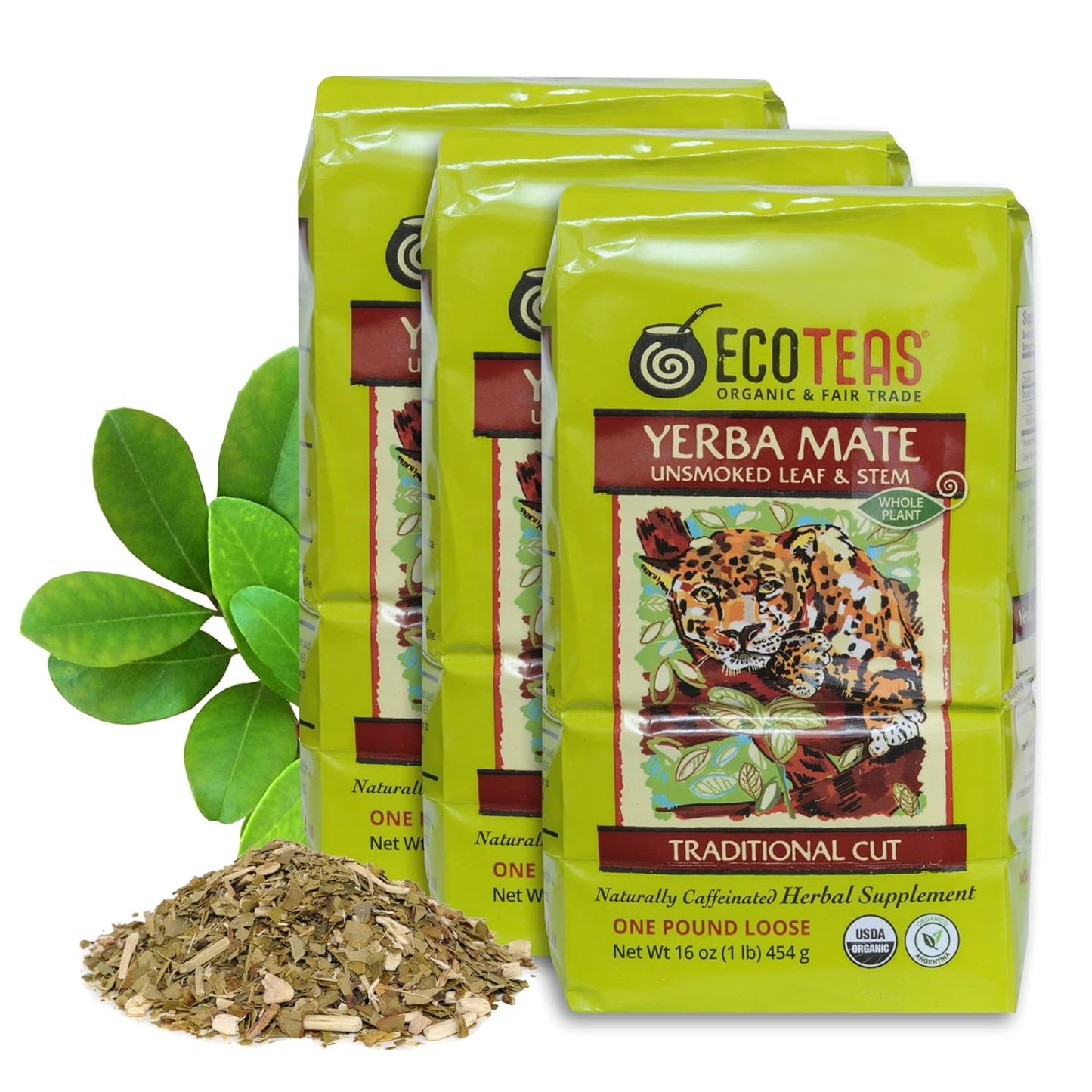 ECOTEAS Organic Yerba Mate Loose Leaf Tea – Unsmoked Detox Herbal Tea for Natural Energy – Coffee Alternative - Kosher, Non-GMO, Gluten-Free - Traditional Cut, 1 lb (Pack of 3)