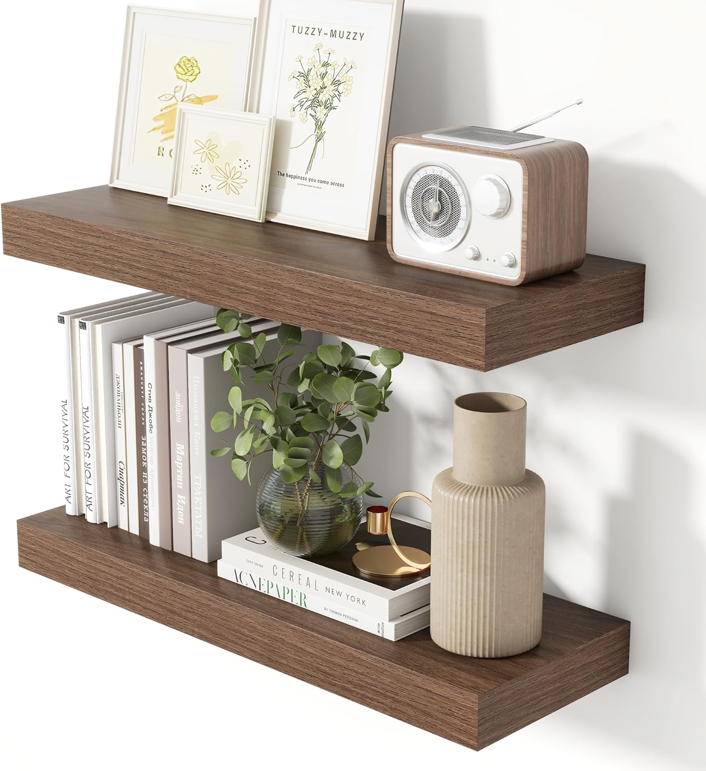 Heimlove 24 Inch Floating Shelves for Wall Walnut Shelves Set of 2,Wall Mounted Rustic Wood 8 Inch Deep Floating Shelf with Invisible Brackets for Bedroom Kitchen Living Room