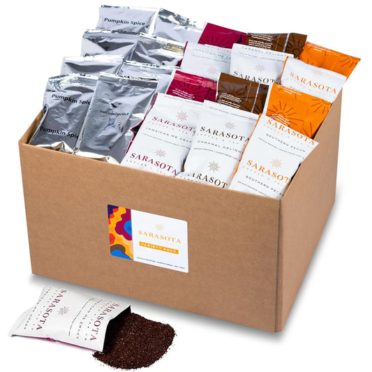 Sarasota Bulk Coffee Packs Flavored Ground Packets | Flavored Roast Variety Set | Gourmet Assorted Gift Sampler | Low Acid Pouches for 12 Cup Coffee Maker | 1.75 Oz Bags, 100 Count