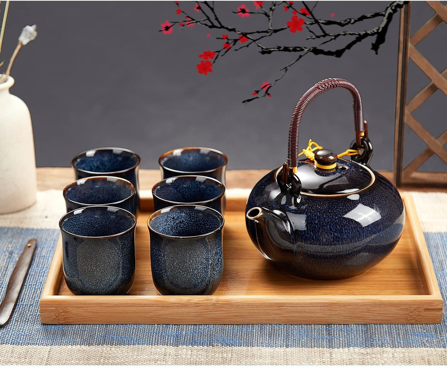 DUJUST Japanese Tea Set for 6, Kiln Altered Glaze Porcelain Tea Set with 1 Teapot, 6 Tea Cups & 1 Tea Tray, Unique Chinese Tea Sets for Adults/Tea Lovers/Women/Men, Dark Blue