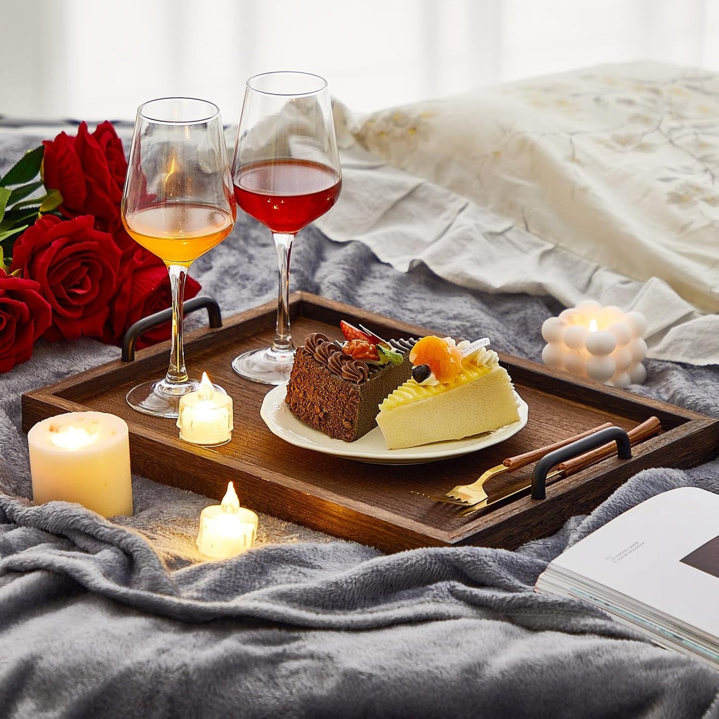 Lallisa 4 Pcs Large Wooden Serving Trays Decorative 15.75 x 11.81 x 2.36 Inch Ottomantray Rustic with Handle for Banquet Party Rectangular Lap Tray for Breakfast Coffee Table Picnic Bed Eating