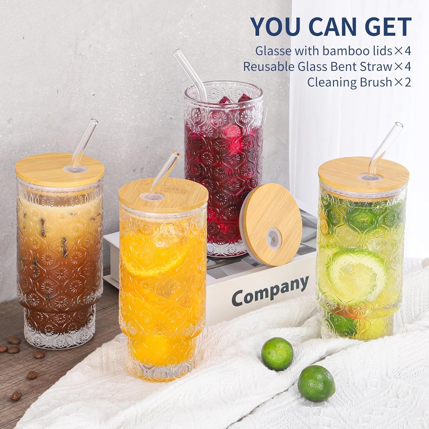 16 Oz Glass Cups Set of 4, Vintage Embossed Floral Glass Tumbler, Iced Coffee Cups with Lid, for Whiskey Cocktail Beer (4 PACK)