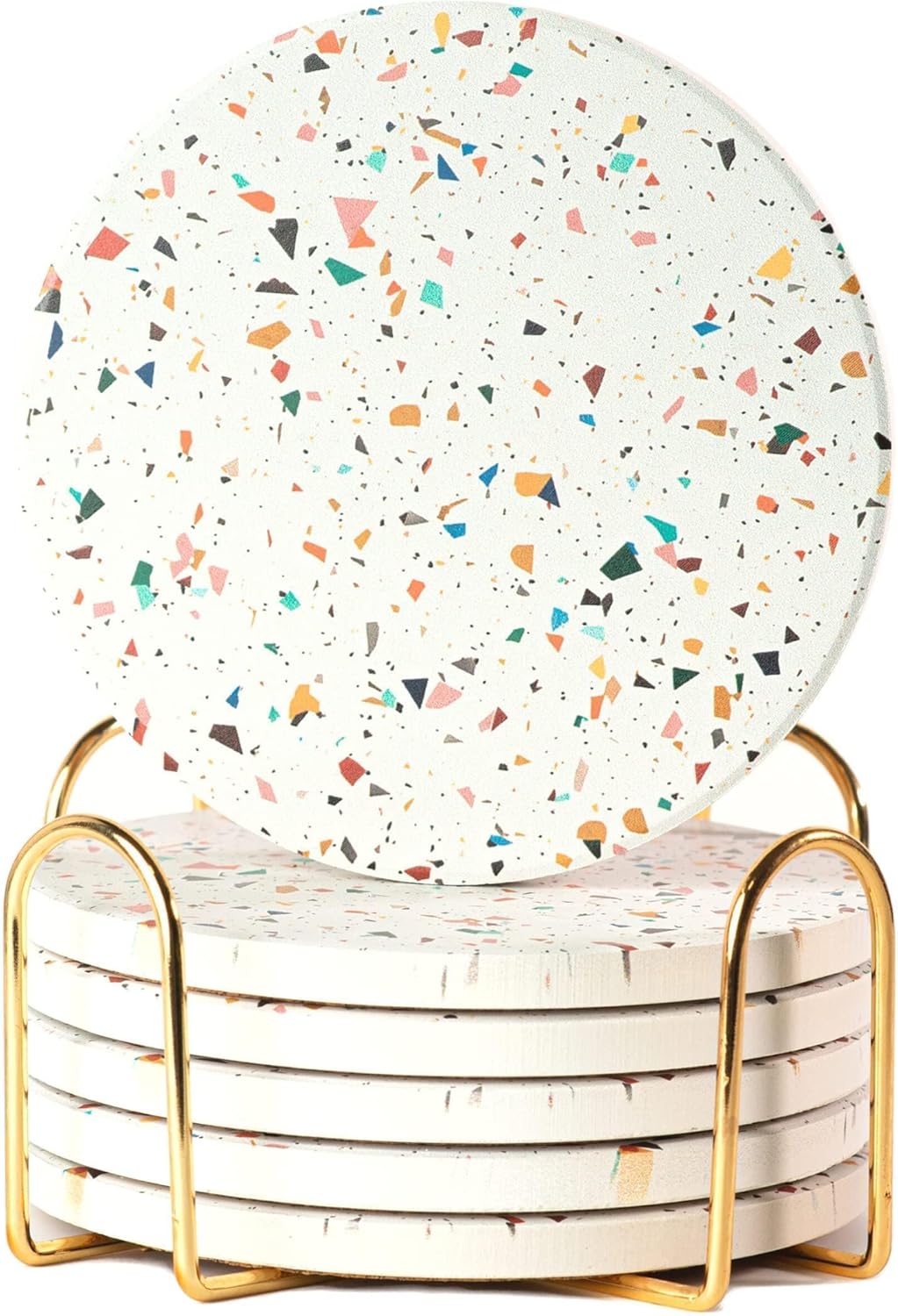 Terrazzo Drink Absorbent Coasters with Holder Set of 6, Ceramic Coaster for Drinks, Coffee Table Decor, Water Absorbing Stone Coaster for Drinks (Confetti)