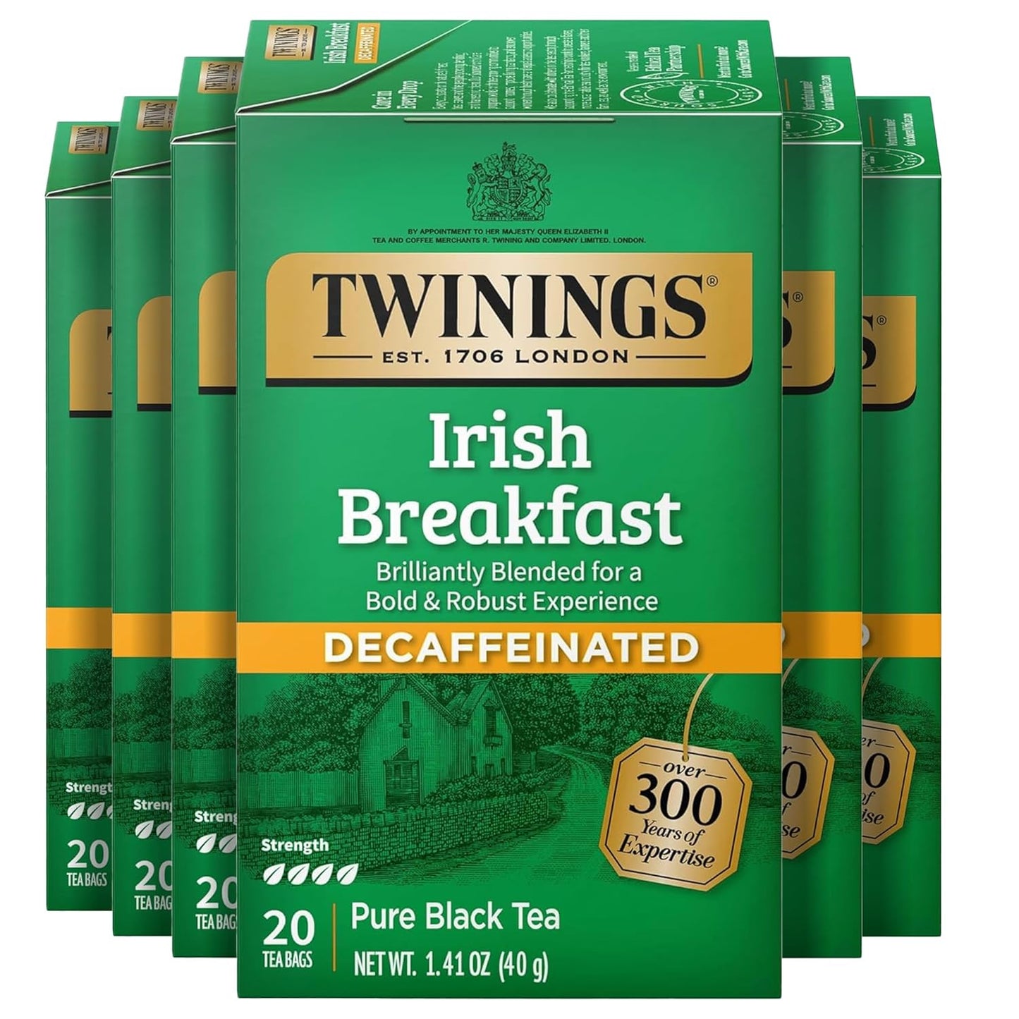 Twinings Decaffeinated Irish Breakfast Black Tea Individually Wrapped Bags, 20 Count (Pack of 6), Flavourful, Robust, Enjoy Hot or Iced, 120 Teabags