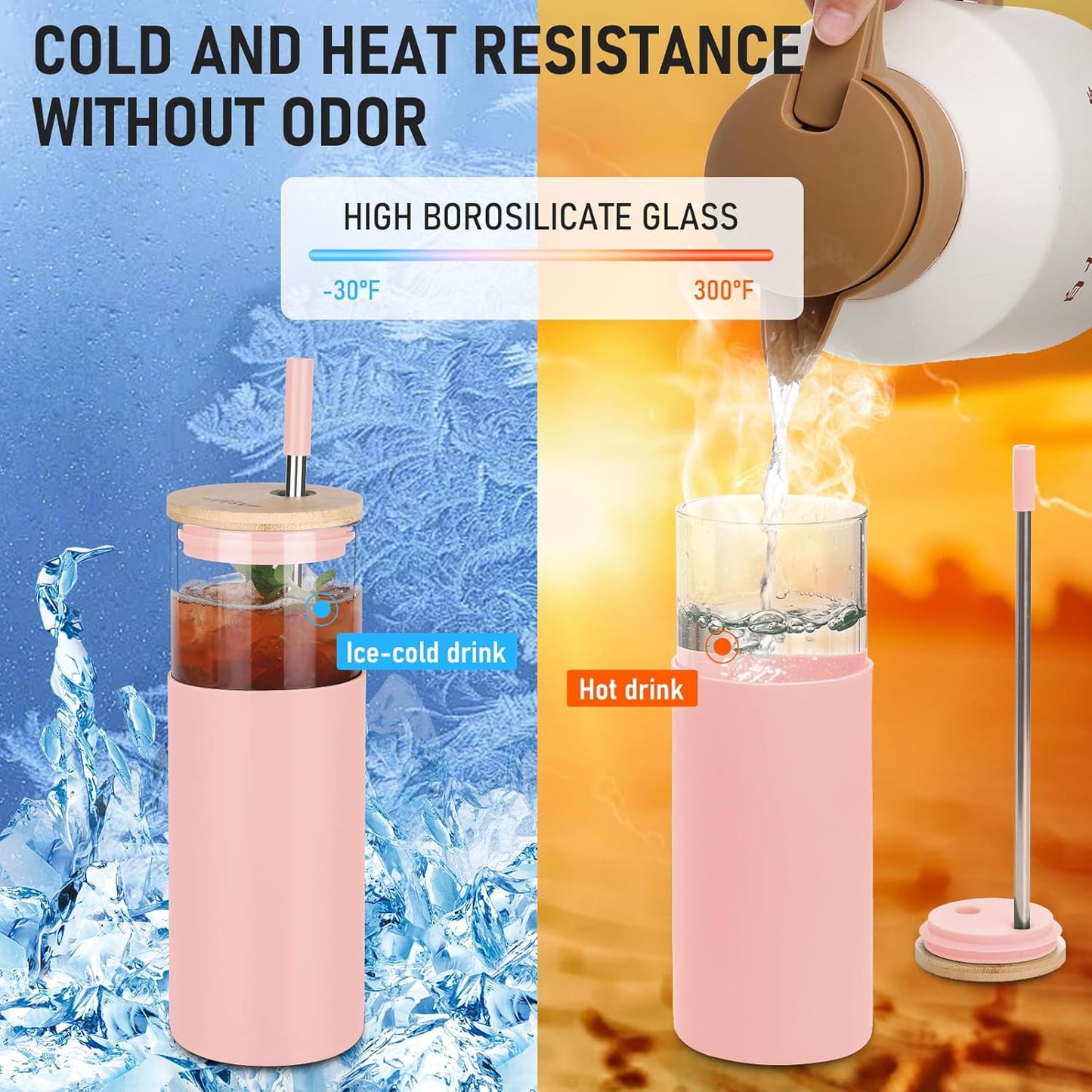 Glass Tumbler w/Lids & Straw: 24 oz Reusable Glass Cup w/Bamboo Lid, Stainless Steel Straws, BPA-Free, Leak-Proof, Dishwasher Safe for Coffee/Smoothies/Hot Beverage, Travel/Office/Home Use, 1-Pk