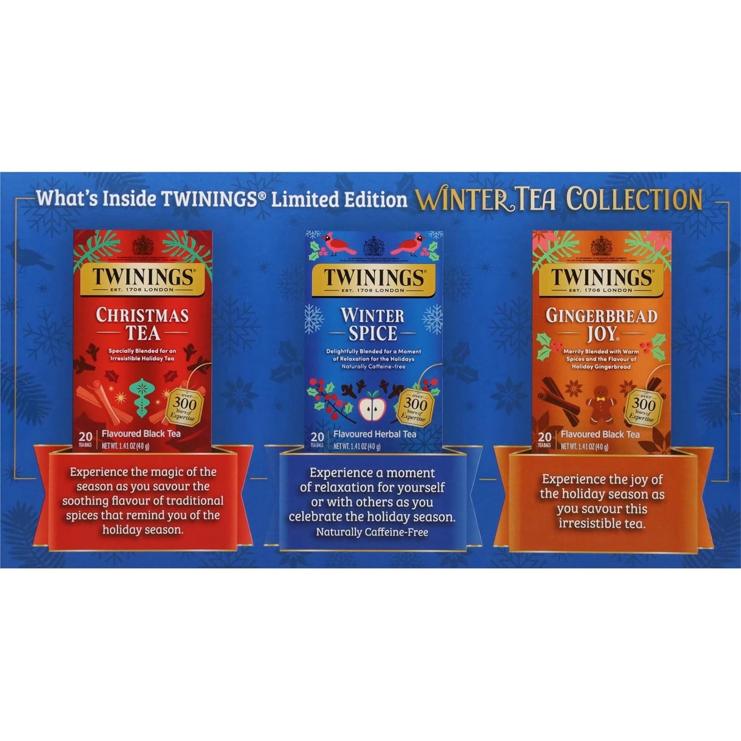 Twinings Winter Tea Collection, Limited Edition Holiday Gift Box, 20 Count (Pack of 3), Includes Christmas Tea, Winter Spice, and Gingerbread Joy, Enjoy Hot or Iced, 60 Teabags