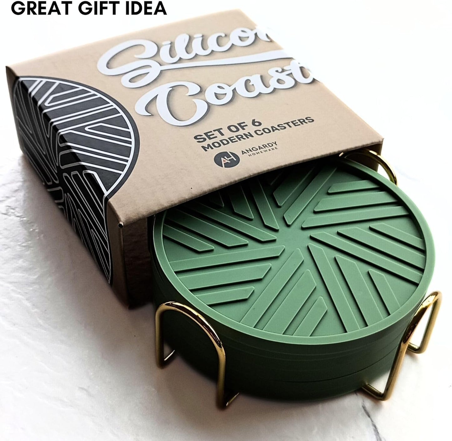 Silicone Coasters Set of 6 with Holder - Unique and Modern Pattern for Coffee Table Decor, Help to Prevents Liquid Dripping with ridges Design Durable and Aesthetic - Sage Green