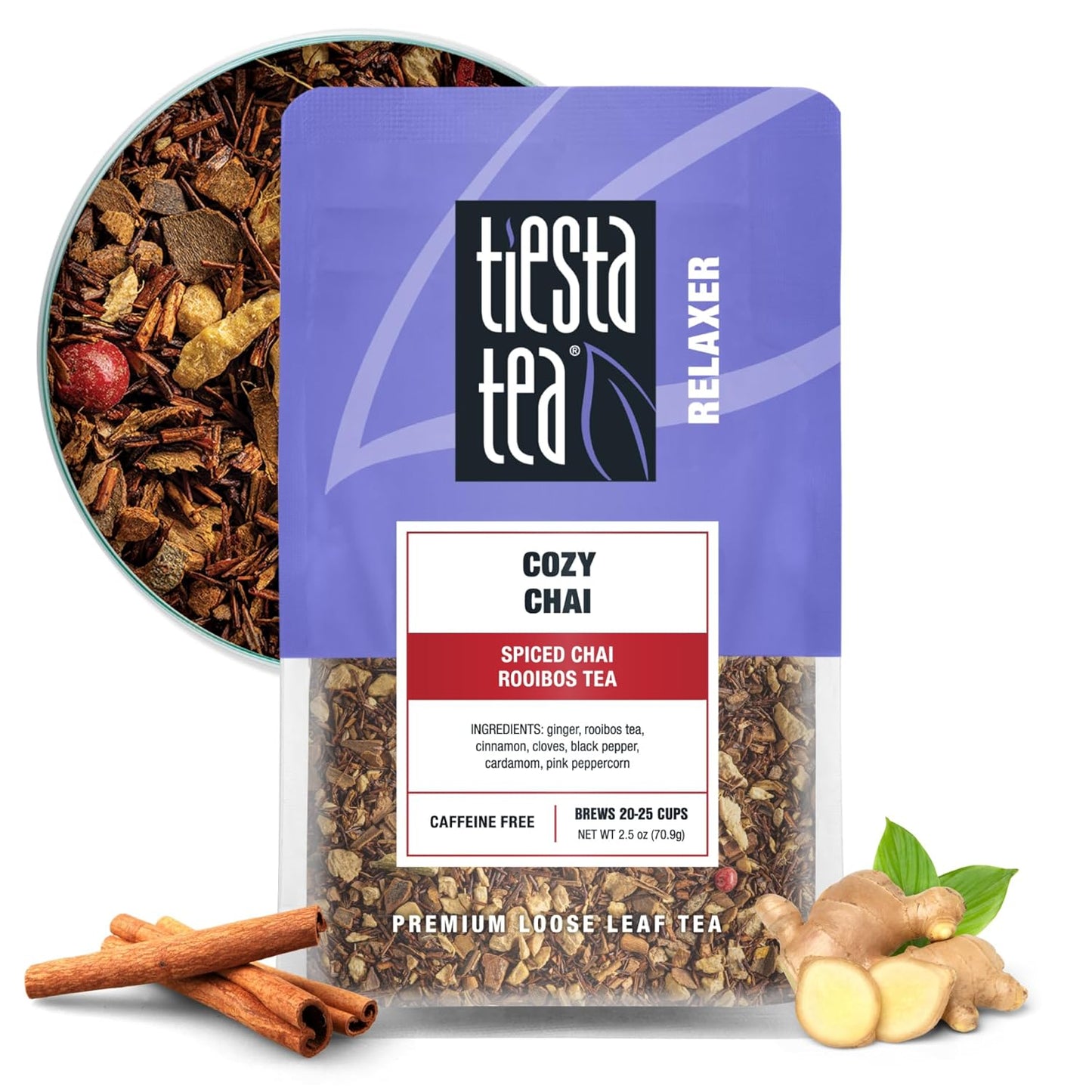 Tiesta Tea - Cozy Chai, Loose Leaf, Spiced Chai Rooibos Tea, Premium Caffeine-Free Herbal Blend, Makes Hot or Iced & Up to 25 Cups, 2.5oz Resealable Pouch
