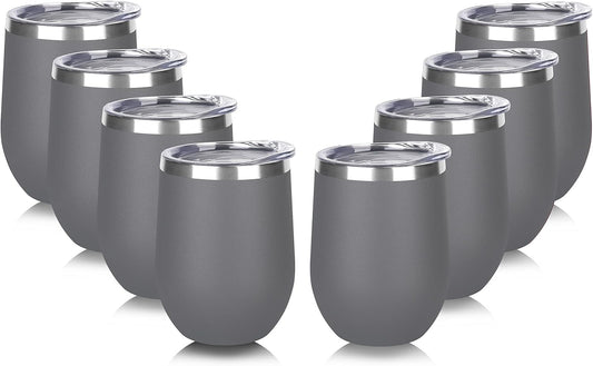 DOMICARE Stainless Steel Wine Tumbler Bulk with Lid, Personalized Insulated Tumblers Set, 12oz Travel Coffee Cups Pack of 8, Gray