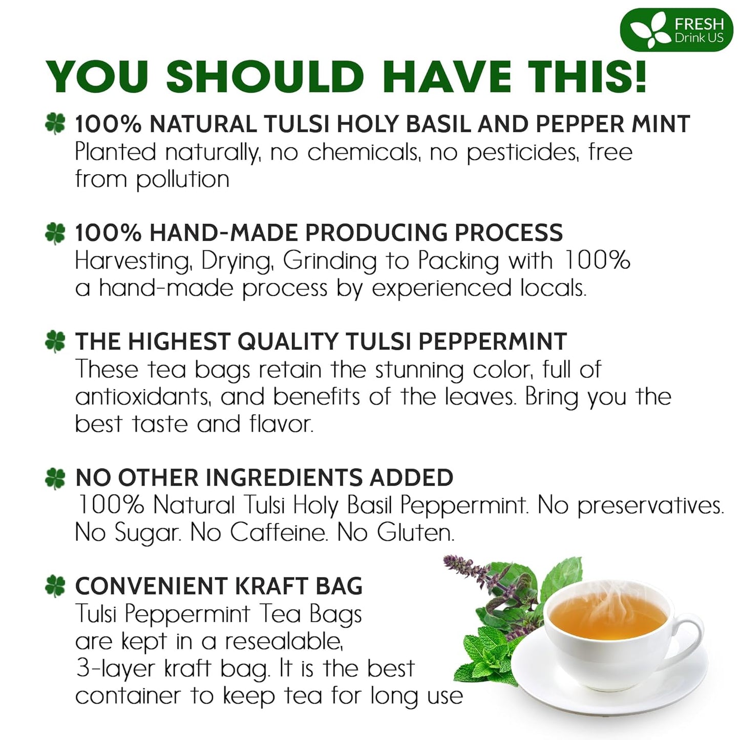 FreshDrinkUS, Premium Tulsi Peppermint Herbal Tea – 75 Tea Bags, 100% Natural, Blend of Tulsi Holy Basil Leaves, and Peppermint Leaves. Made with Natural Material Tea Bags. No Sugar, Vegan.