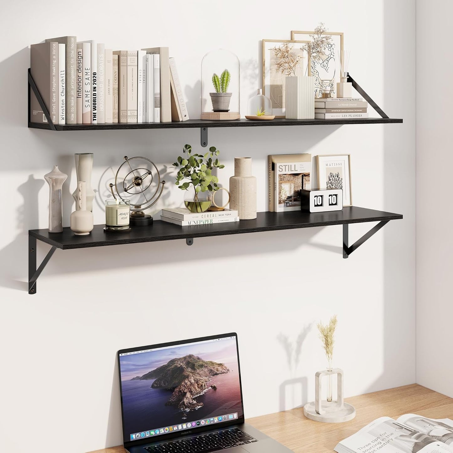 Heimlove Black Deep Floating Shelves for Wall, 40W x 8D Wood Wall Shelves Set of 2, Wide Floating Bookshelf for Living Room, Kitchen, Office, Bedroom and Decor Storage, with Metal Bracket - Black