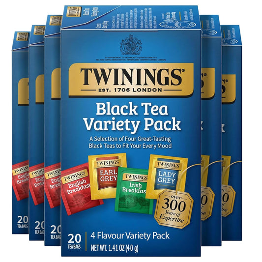 Twinings Variety Pack Black Tea Bags, 20 Count (Pack of 6), Includes English Breakfast, Early Grey, Irish Breakfast, and Lady Grey, Caffeinated, Enjoy Hot or Iced, 120 Teabags