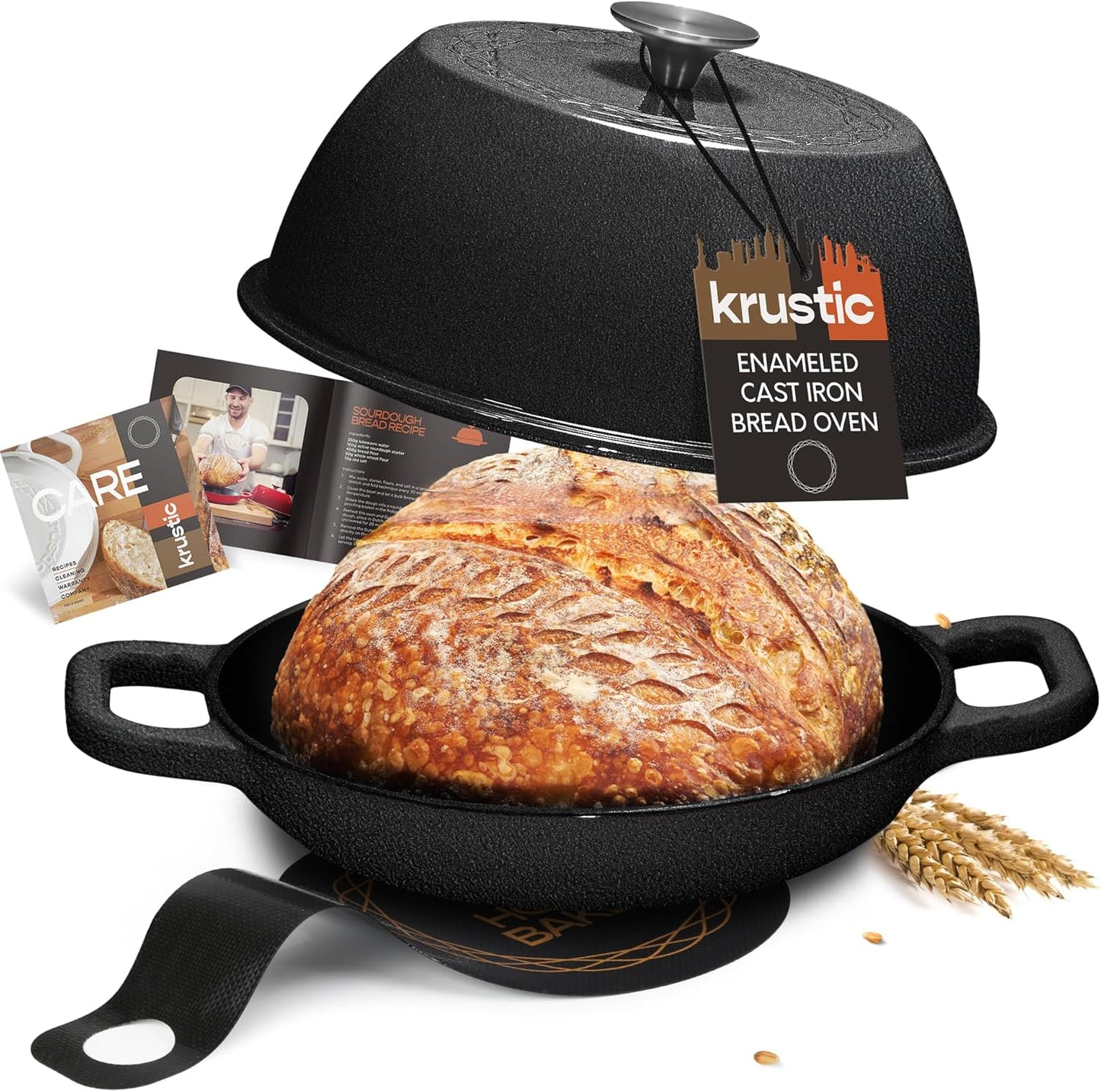 Enameled Cast Iron Dutch Oven for Sourdough Bread Baking | 6 Quart Pot with Lid | 10 Inch Ceramic Enamel Thick Coated Cookware Set with Non Stick Silicone Baking Mat for Cooking | 6 Qt |Black
