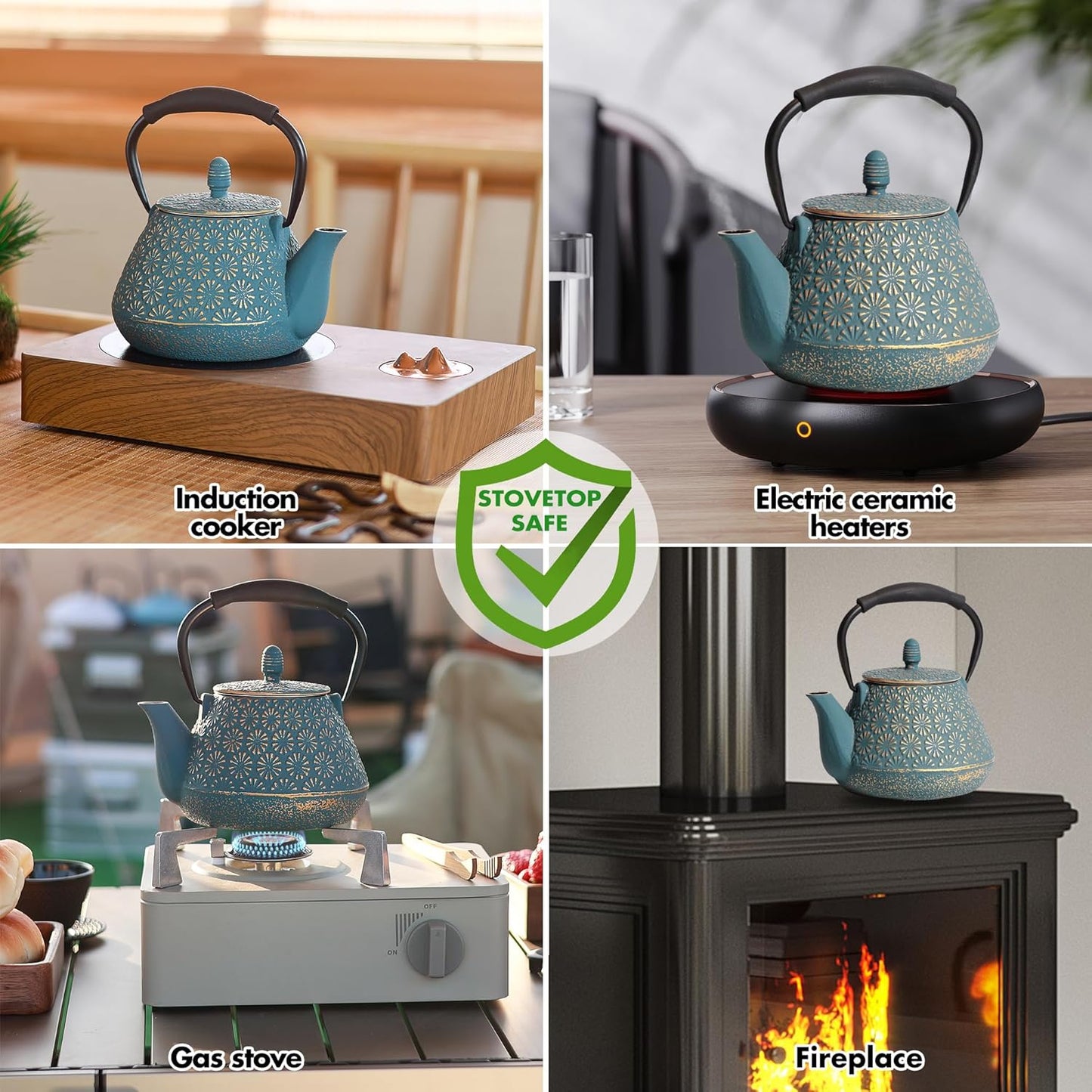 Cast Iron Teapot, 32oz Tea Kettle with Infuser for Stove Top, Sakura Blossom Pattern Japanese Tea Pot for Tea & Coffee Coated with Enameled Interior, Silicone Handle 950ml Blue