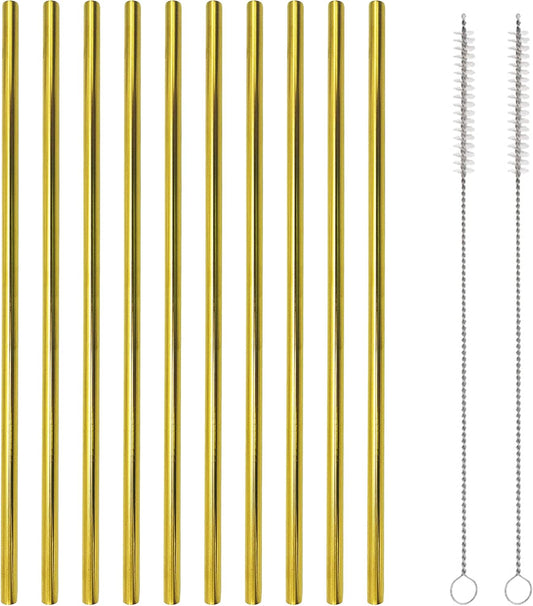 10 Pcs Stainless Steel Straws, Reusable Drinking Straws, Straight Metal Straw Sets with 2 Pcs Cleaning Brushes (8.5 Inch, Gold)
