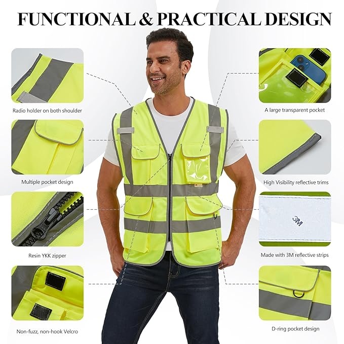 SIFE Reflective Safety Vest High Visibility Vest With 7 Pockets And YKK Zipper, ANSI/ISEA Class 2 Standard, Made With 3M Reflective Tape(03Y-Yellow,L)