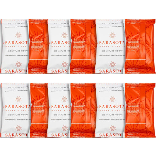 Sarasota Coffee Ground Packets | Gourmet Decaf Medium-Dark Roast Ground Coffee Packs | Decaf | Low Acid Mold Free Individual Single Pot Pouches for 12 Cup Coffee Maker | 2 Ounce Bags, 12 Count