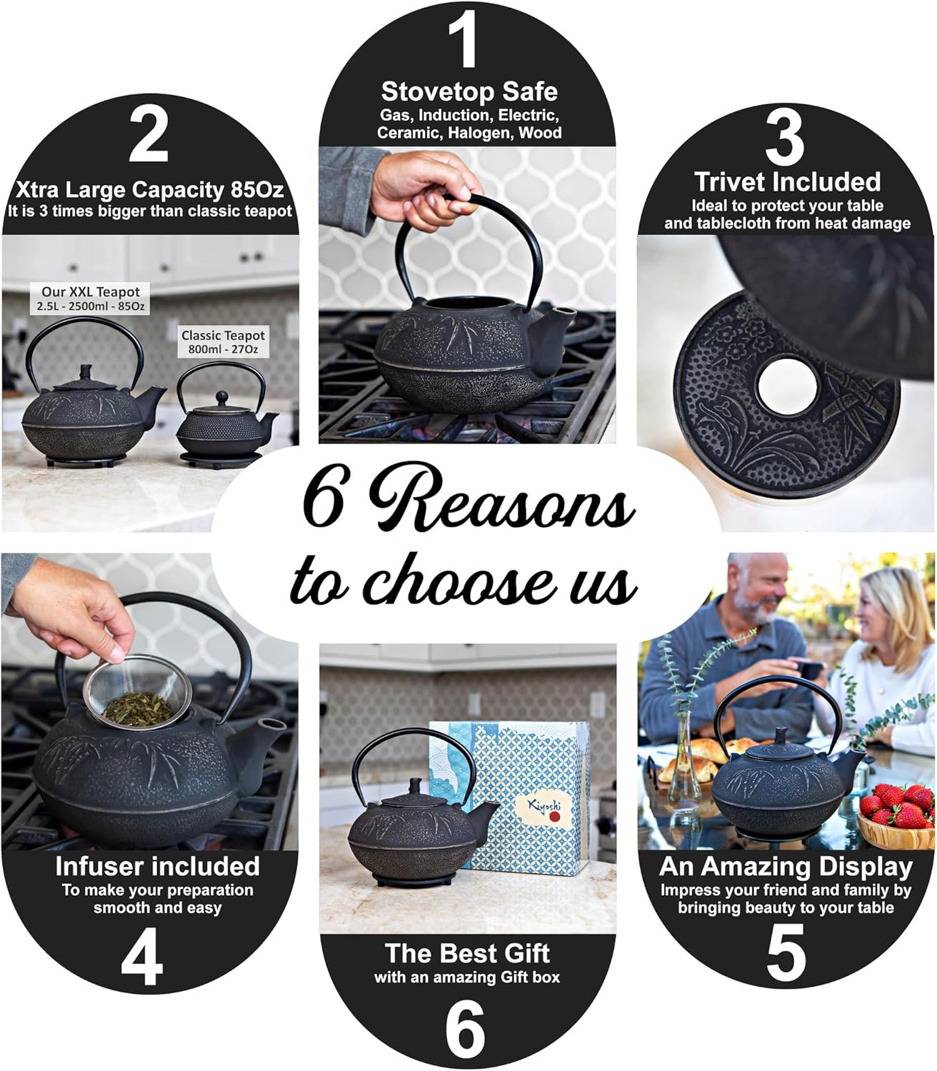 XXL Japanese Cast Iron Teapot with Infuser & Matching Trivet - Large 85 Oz/2500ml Tetsubin Loose Leaf Tea Pot with Enamel Interior - Handcrafted Big Cast Iron Tea Kettle Humidifier Set - Black