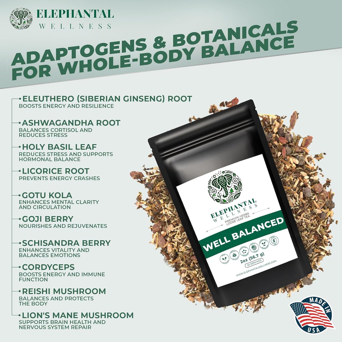 Elephantal Wellness Premium Well Balanced Herbal Tea | Healthy Cortisol, Adaptogenic Stress Energy Support with Ashwagandha, Goji, Reishi, Holy Basil & Lion’s Mane, Caffeine-Free, Non-GMO, 4 oz