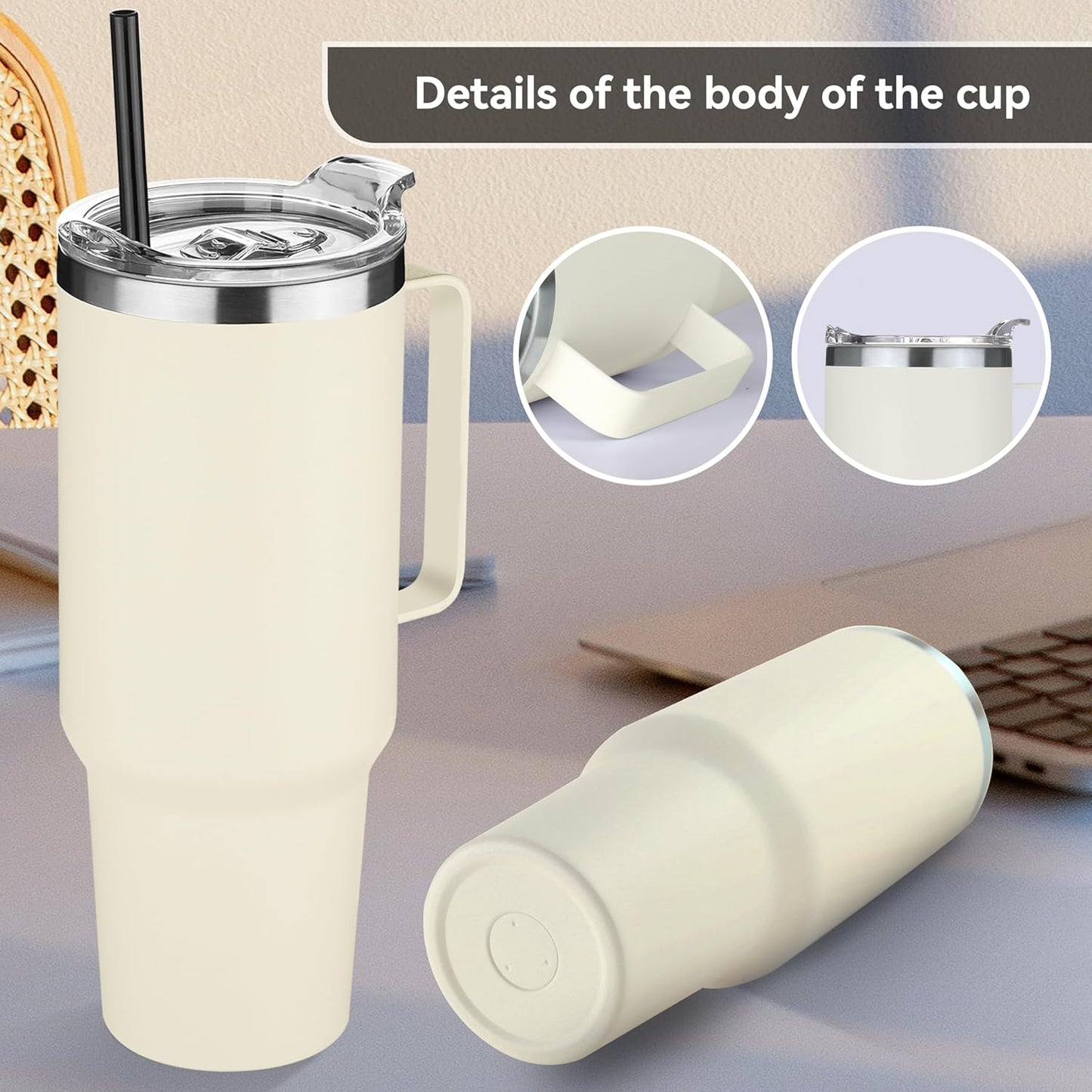 HASLE OUTFITTERS 40 oz Stainless Steel Tumbler with Handle, Vacuum Insulated Tumblers Bulk, Reusable Double Wall Travel Coffee Mug, Durable Powder Coated Water Bottle(Beige, 8)