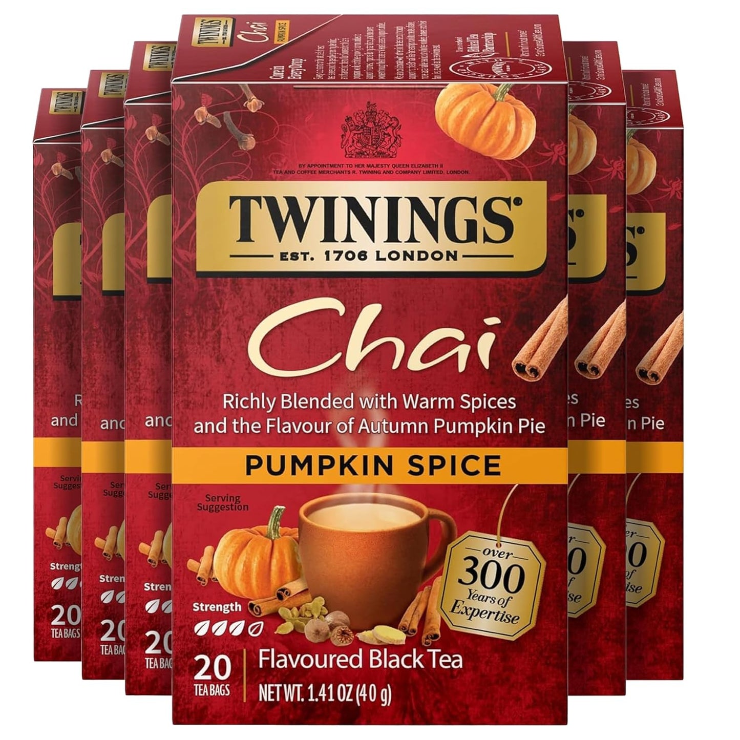 Twinings Pumpkin Spice Chai Black Tea Individually Wrapped Bags, 20 Count (Pack of 6), Warm, Spicy & Aromatic, Caffeinated, Enjoy Hot or Iced, 120 Teabags